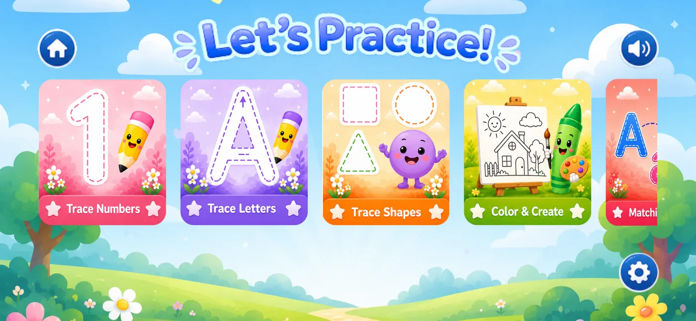 Keke Kids main activities screen showing Trace Numbers, Trace Letters, Trace Shapes, Color & Create, and Matching Letters
