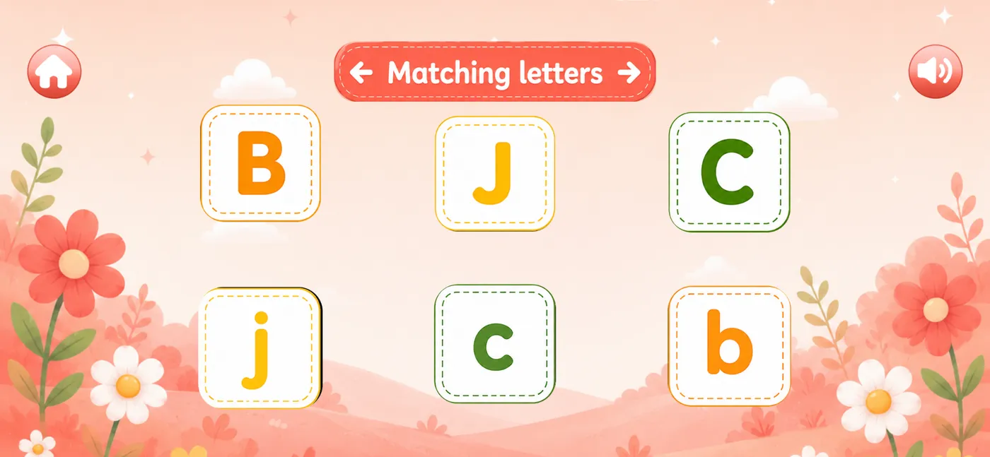 Keke Kids letter matching game showing uppercase and lowercase letter pairs