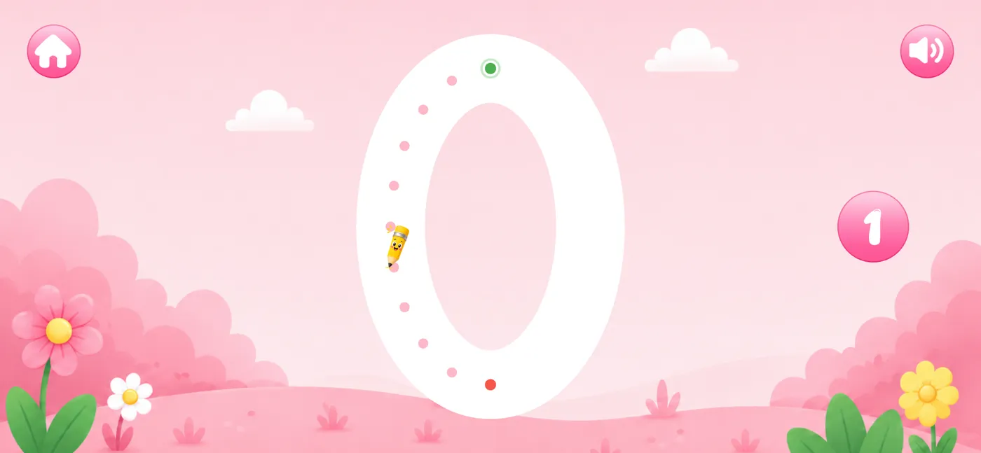 Keke Kids number tracing screen with dotted path and animated pencil